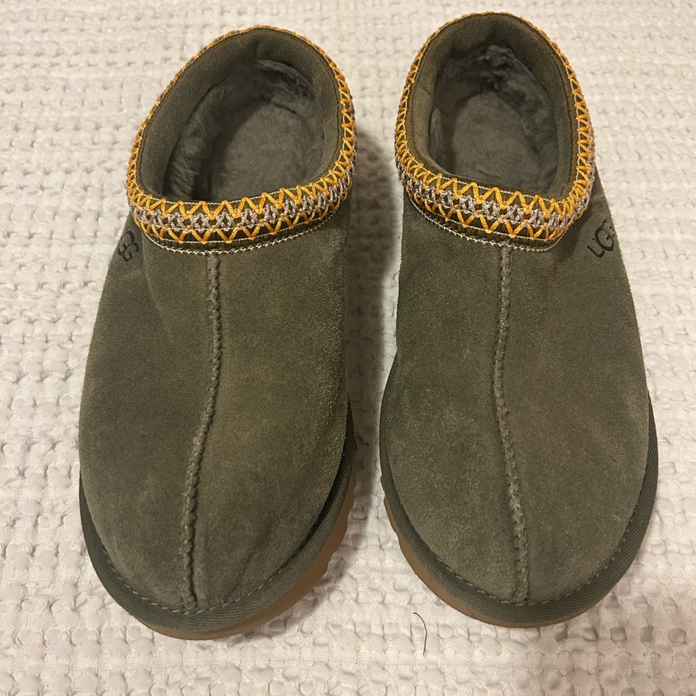 UGG Green Suede Slippers with Orange Stitching